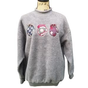 Fleece Sweatshirt Art Unlimited M Gray Mittens Grandma Cozy Vintage Y2K 90s